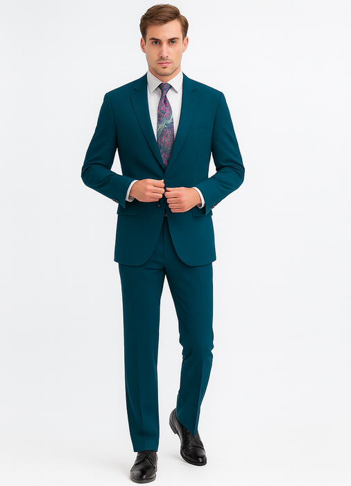 Umberto Bonelli Men's Two Buttons Dark Teal 2-piece suits Flat Front Pants