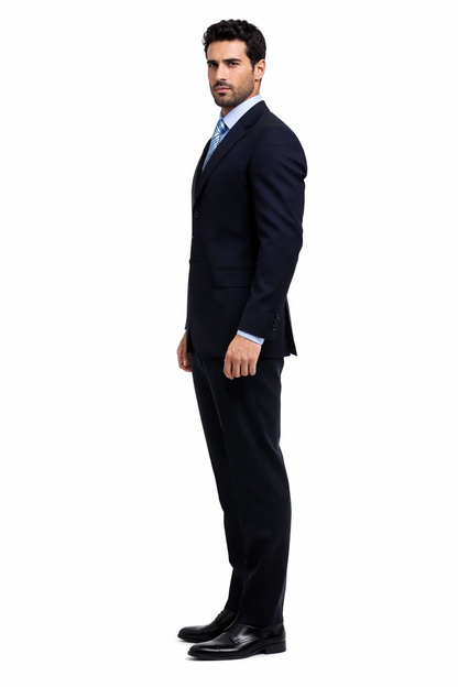 Unique 2PC 3 Button Dark Navy Blue Men's Suit With Flat Front Pants