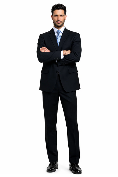 Unique 2PC 3 Button Dark Navy Blue Men's Suit With Flat Front Pants