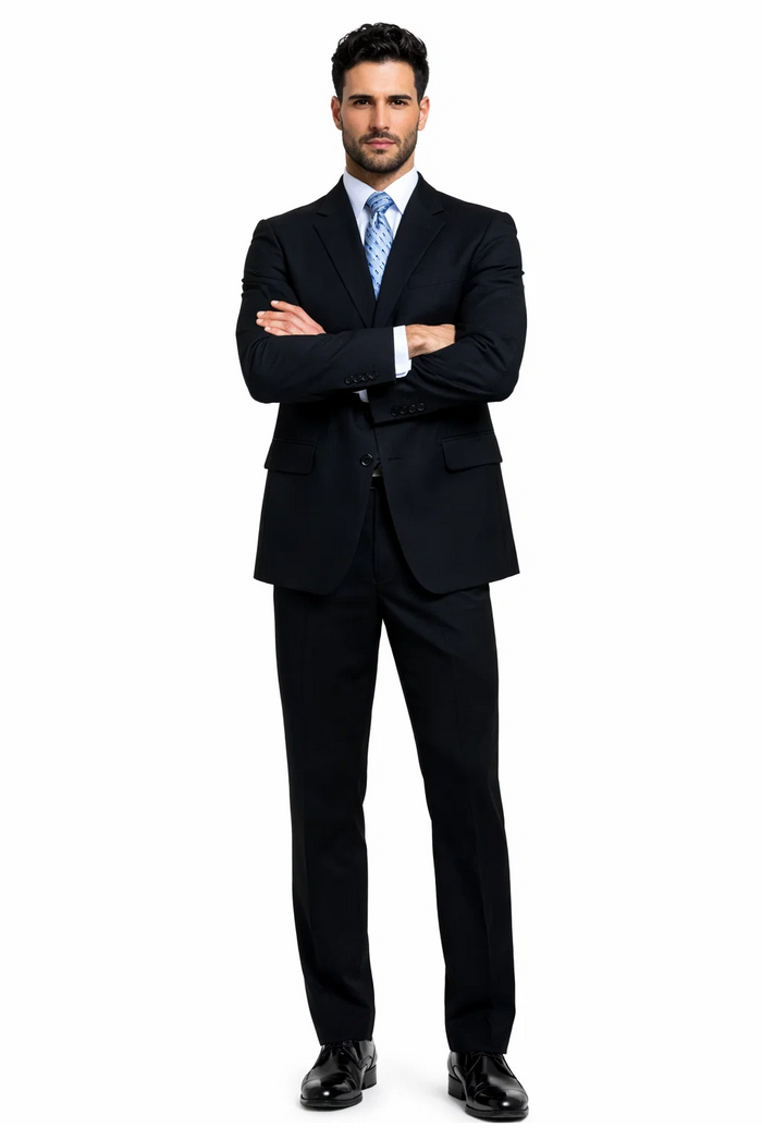 Unique 2PC 3 Button Dark Navy Blue Men's Suit With Flat Front Pants