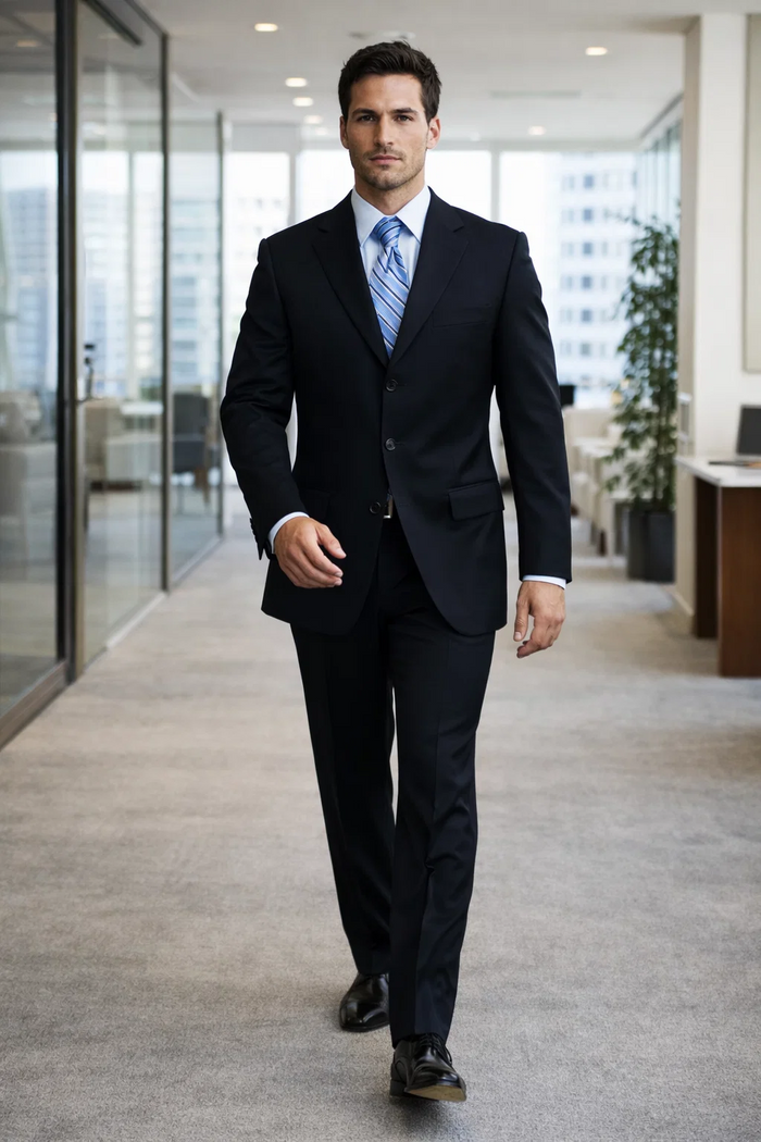 Unique 2PC 3 Button Dark Navy Blue Men's Suit With Flat Front Pants