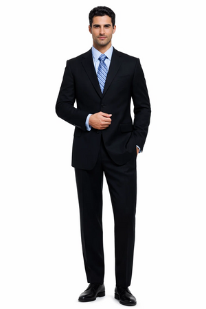Unique 2PC 3 Button Dark Navy Blue Men's Suit With Flat Front Pants