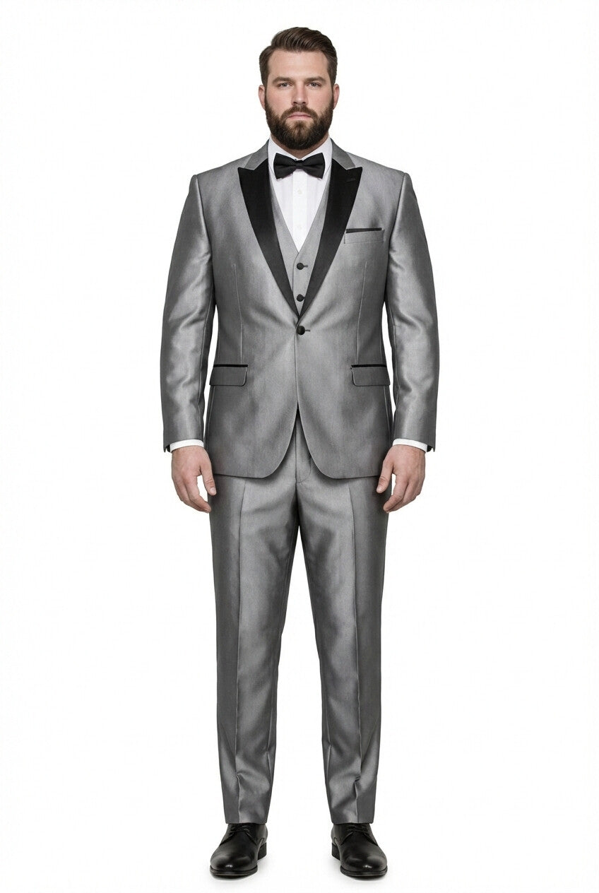 Mens Sharkskin Suits Mens Unique Bright Tuxedo Suits Vested 3 Pieces black lapel Shiny Flashy Sharskin Silver - Three Piece Suit