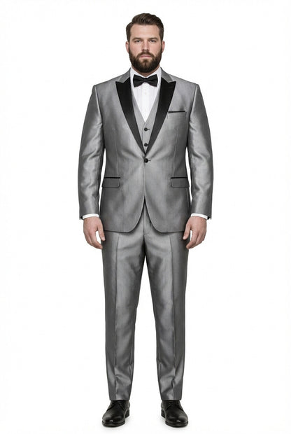 Mens Sharkskin Suits Mens Unique Bright Tuxedo Suits Vested 3 Pieces black lapel Shiny Flashy Sharskin Silver - Three Piece Suit