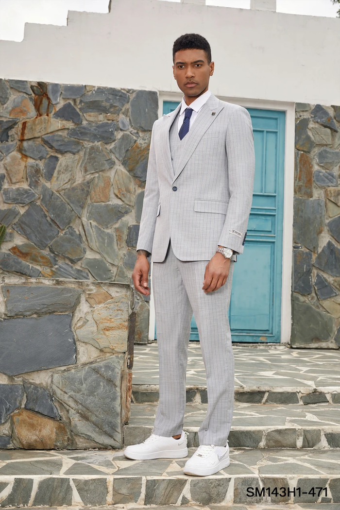 Mens Light Gray and Navy Pinstripe 3 Piece Suit – Peaky Blinders Inspired Vintage Gangster 1920s Suit Modern Fit