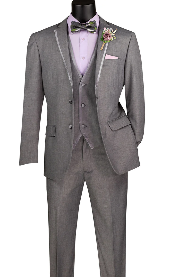 Tuxedo & Formal Grey ~ Gray Trimmed Two Button Slim Fit Men's Suit