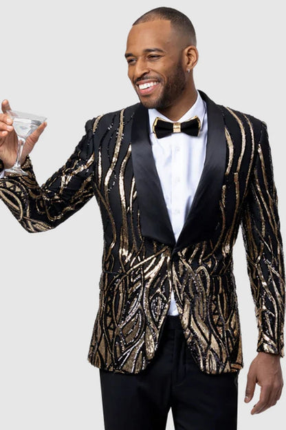 EJ Samuel Black & Gold Sequin Shawl Lapel Tuxedo Jacket