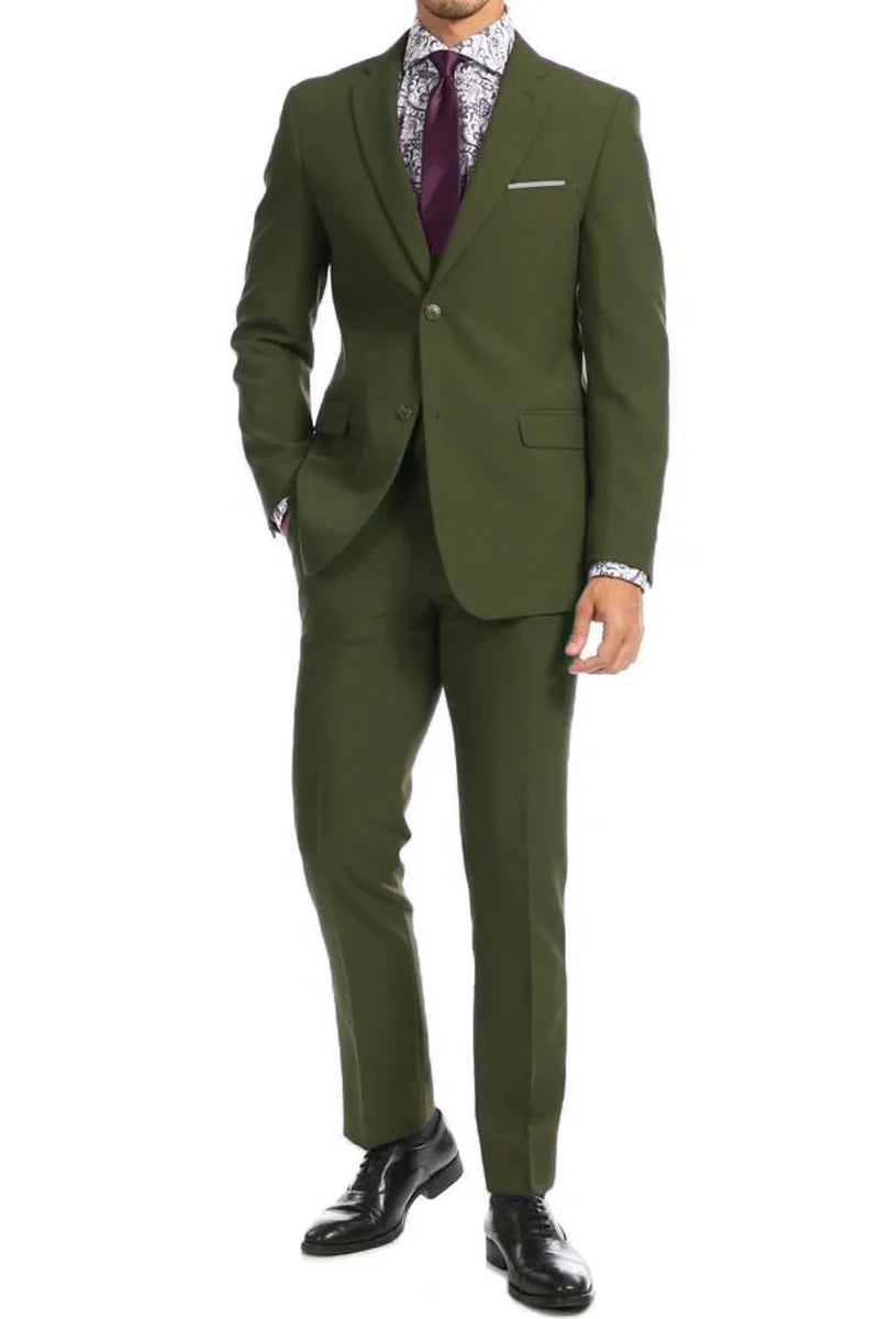 Apollo King Designer Brand Mens Two Button  Wool Feel Suit in Olive Green Modern Fit