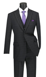 Olympia Collection - Glen Plaid Regular Fit Suit 3 Piece Black Modern Fit