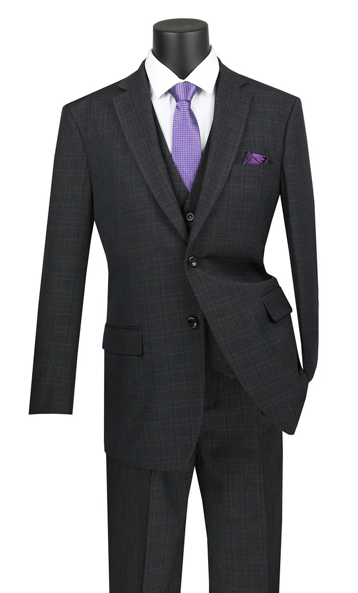 Olympia Collection - Glen Plaid Regular Fit Suit 3 Piece Black Modern Fit