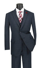 Olympia Collection - Glen Plaid Regular Fit Suit 3 Piece Navy Blue Modern Fit