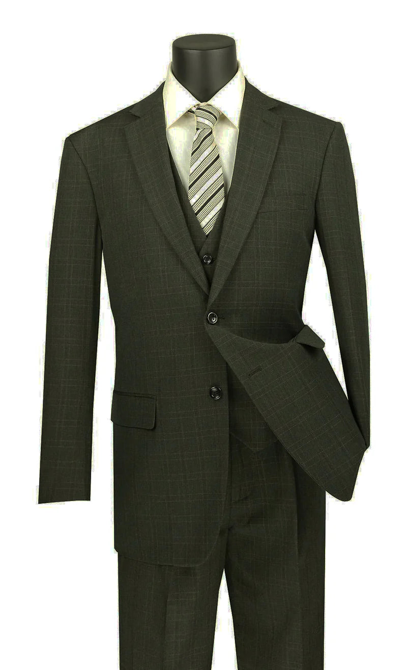 Olympia Collection - Glen Plaid Regular Fit Suit 3 Piece Olive Modern Fit
