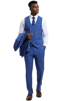 Men's Stacy Adams Peak Lapel Suit with Double Breasted Vest in Blue Windowpane Plaid - Image 4