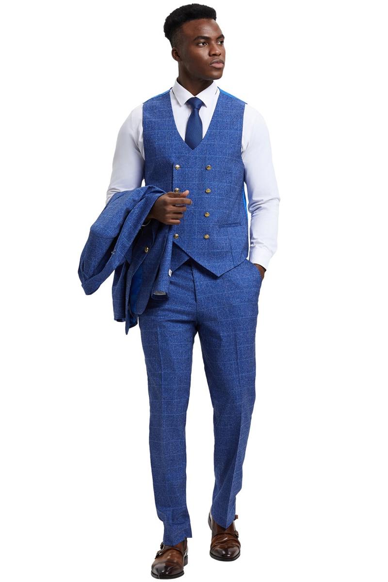 Men's Stacy Adam's One Button Vested Peak Lapel Business Suit in Navy Blue Plaid