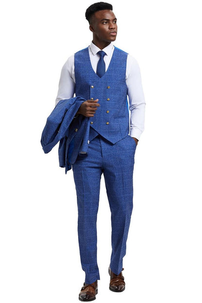 Men's Stacy Adam's One Button Vested Peak Lapel Business Suit in Navy Blue Plaid
