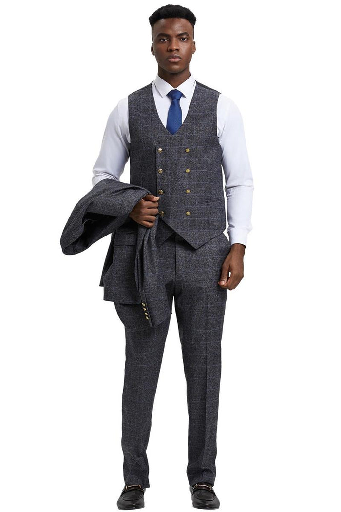 Men's Stacy Adams Peak Lapel Suit with Double Breasted Vest in Charcoal Grey Windowpane Plaid - Image 4