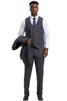Men's Stacy Adams Peak Lapel Suit with Double Breasted Vest in Charcoal Grey Windowpane Plaid - Image 4