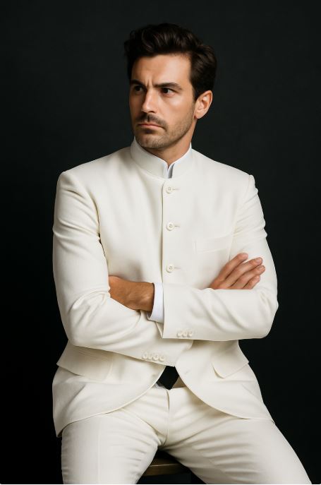 Designer Brand Men'S White 5 Button Mandarin Collar Suits For Men - All White Suit