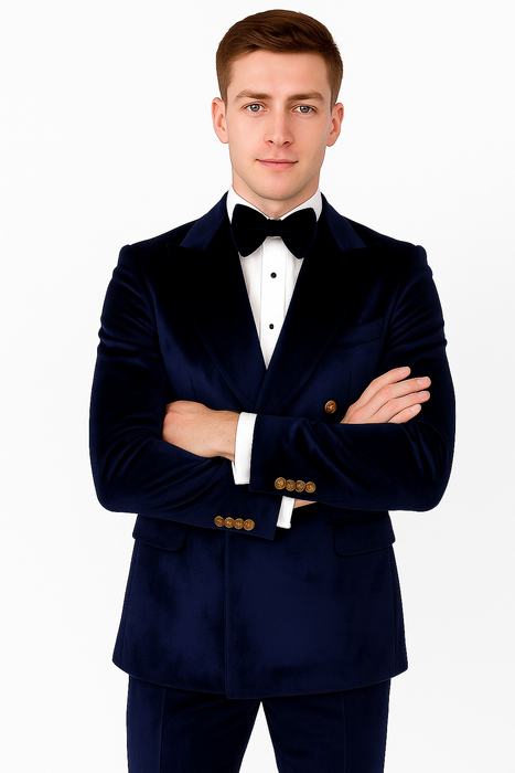Navy Blue Velvet Double Breasted Suits - Velvet Pants - Slim Fit Suit