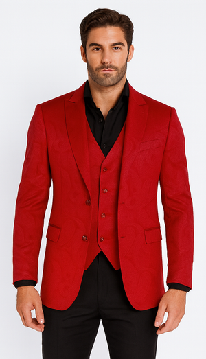 Velvet Paisley Blazer - Comes With Free Vest and Pants - Slim Fit - Red Chirstmad New Year Holiday Suit