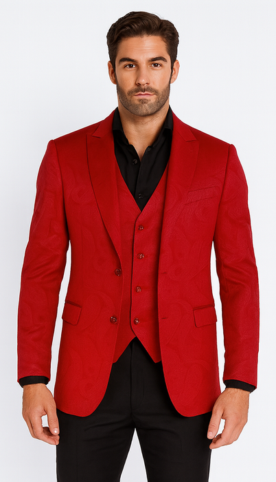 Velvet Paisley Blazer - Comes With Free Vest and Pants - Slim Fit - Red