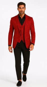 Velvet Paisley Blazer - Comes With Free Vest and Pants - Slim Fit - Red Chirstmad New Year Holiday Suit