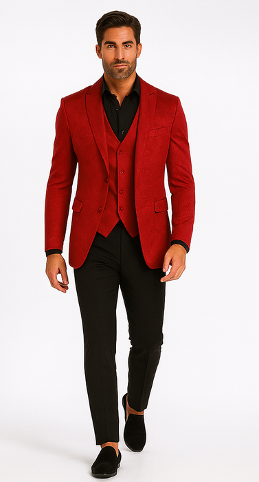 Velvet Paisley Blazer - Comes With Free Vest and Pants - Slim Fit - Red