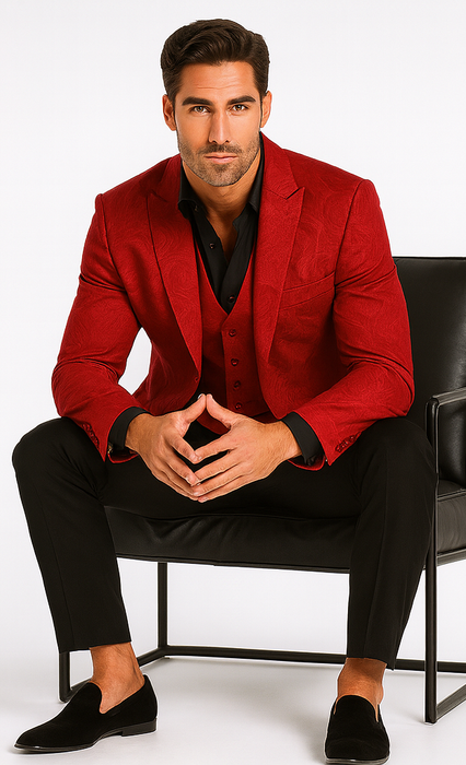 Velvet Paisley Blazer - Comes With Free Vest and Pants - Slim Fit - Red