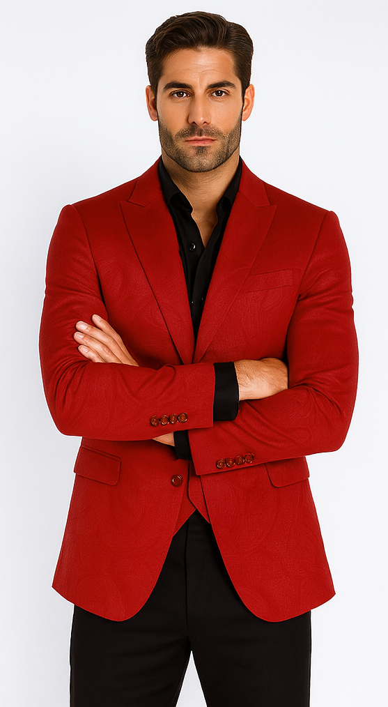 Velvet Paisley Blazer - Comes With Free Vest and Pants - Slim Fit - Red Chirstmad New Year Holiday Suit