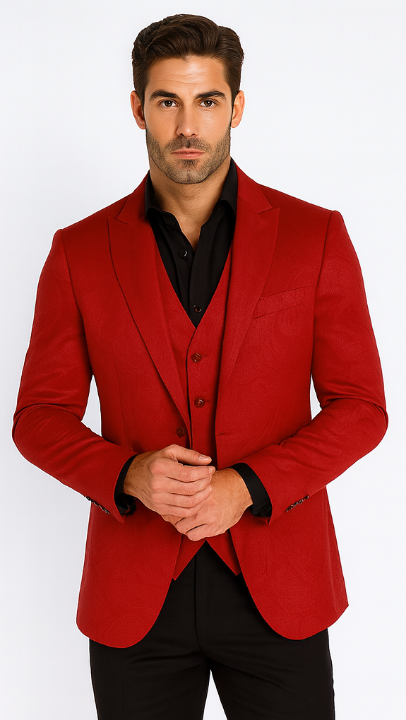 Velvet Paisley Blazer - Comes With Free Vest and Pants - Slim Fit - Red Chirstmad New Year Holiday Suit