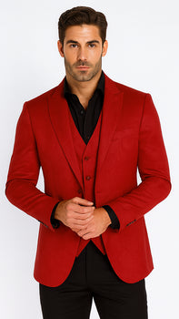 Velvet Paisley Blazer - Comes With Free Vest and Pants - Slim Fit - Red Chirstmad New Year Holiday Suit