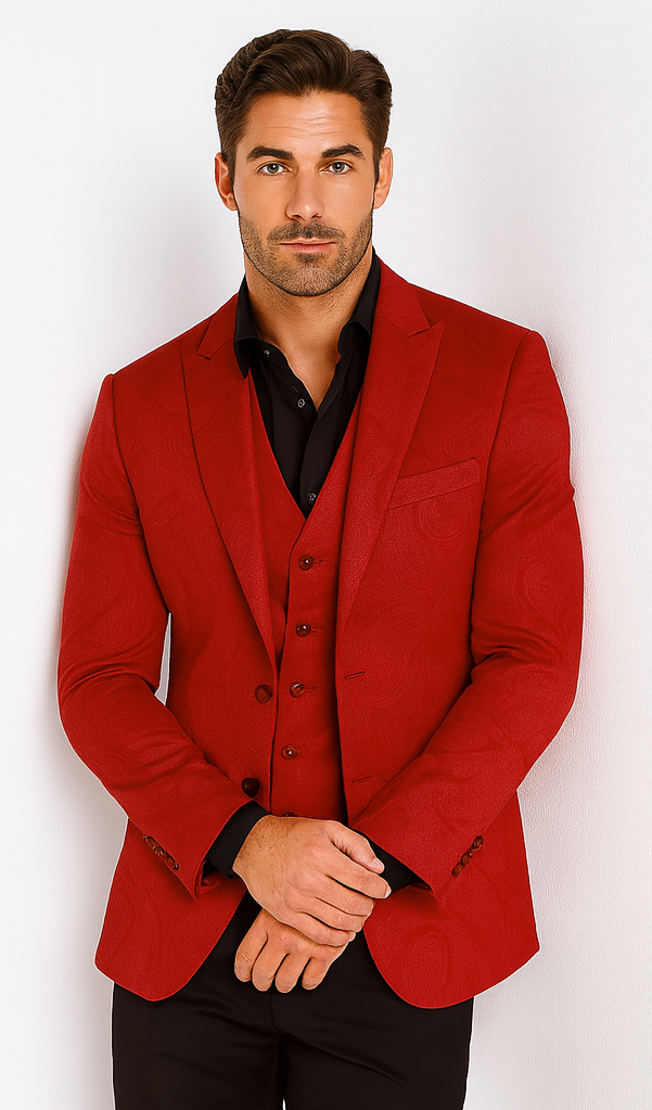 Velvet Paisley Blazer - Comes With Free Vest and Pants - Slim Fit - Red Chirstmad New Year Holiday Suit