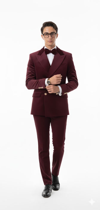 Velvet Suit - Double Breasted Suit - Burgundy Suit - Velvet Fabric Pants Slim Suit