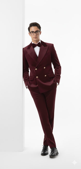 Velvet Suit - Double Breasted Suit - Burgundy Suit - Velvet Fabric Pants Slim Suit