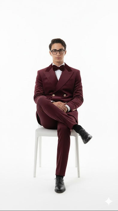 Velvet Suit - Double Breasted Suit - Burgundy Suit - Velvet Fabric Pants Slim Suit