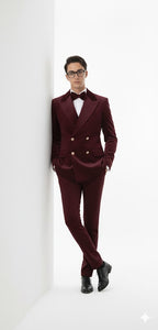 Velvet Suit - Double Breasted Suit - Burgundy Suit - Velvet Fabric Pants Slim Suit