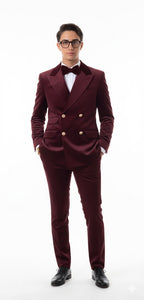 Velvet Suit - Double Breasted Suit - Burgundy Suit - Velvet Fabric Pants Slim Suit