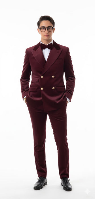 Velvet Suit - Double Breasted Suit - Burgundy Suit - Velvet Fabric Pants Slim Suit