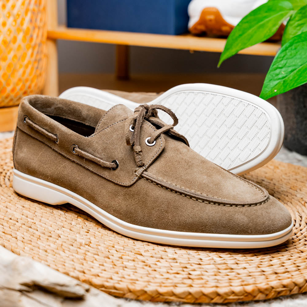 Zelli Venice Hand-Stitched Sueded Goatskin Boat Shoe in Taupe