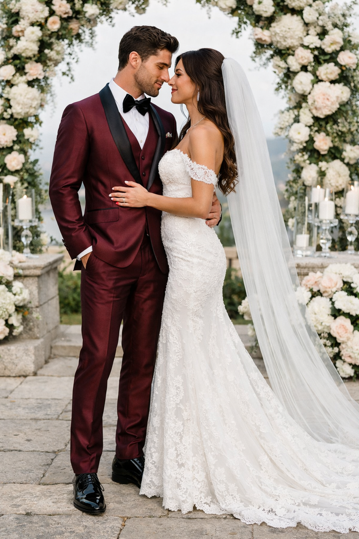 Versailles 1-Button Burgundy Tuxedo Set – Men’s Shawl Lapel Formalwear