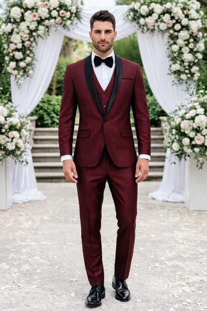 Versailles 1-Button Burgundy Tuxedo Set – Men’s Shawl Lapel Formalwear