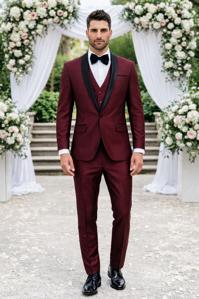 Versailles 1-Button Burgundy Tuxedo Set – Men’s Shawl Lapel Formalwear