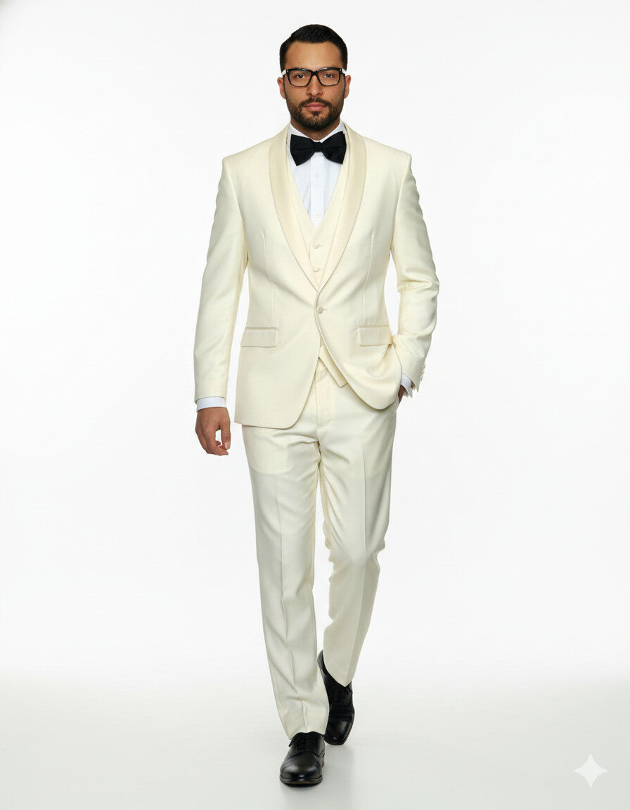 Mens 1 Button Shawl Lapel Vested Wool Prom | Wedding Tuxedo in Ivory - Image 4