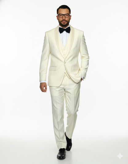 Mens 1 Button Shawl Lapel Vested Wool Prom | Wedding Tuxedo in Ivory - Image 4