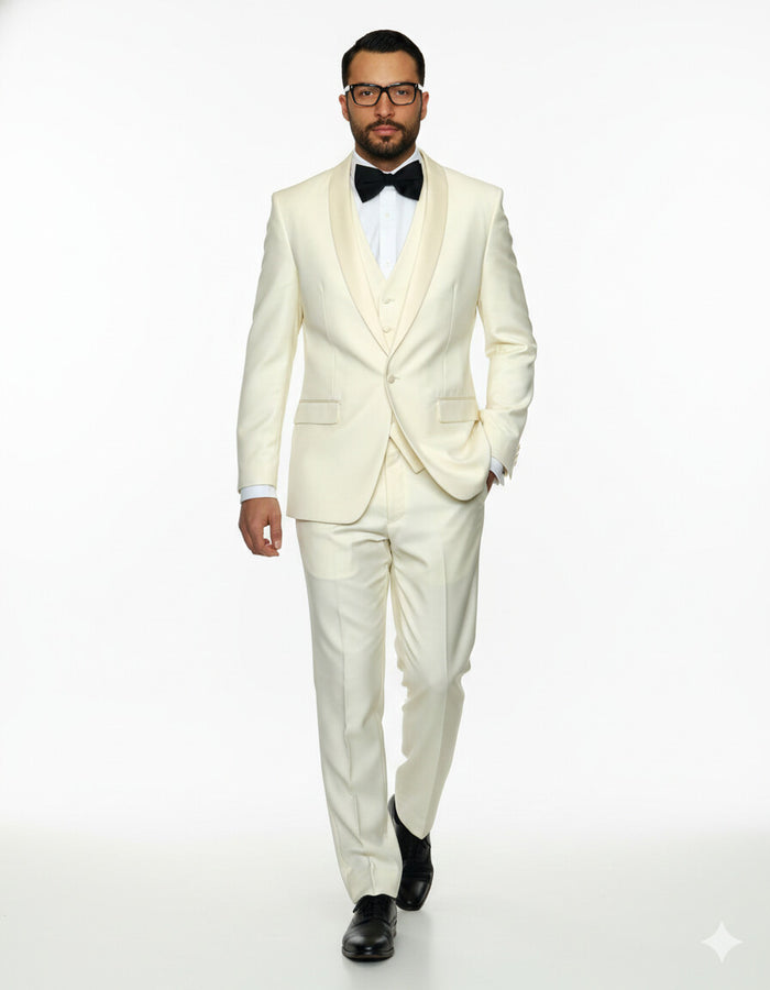 Mens 1 Button Shawl Lapel Vested Wool Prom | Wedding Tuxedo in Ivory - Image 4