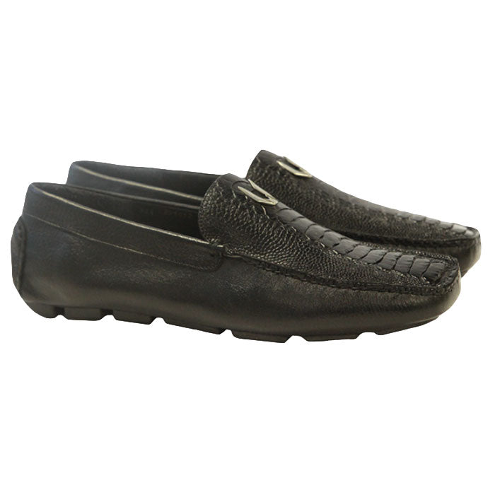 Vestigium Ostrich Leg Driving Loafers Black - Black Ostrich Leg men's driving loafer