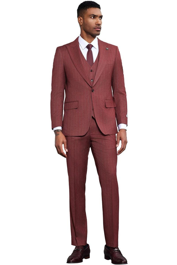 Men's Stacy Adams One Button Peak Lapel Vested Suit in Burgundy Pinstripe - Image 2