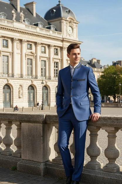 Mens Blue Sharkskin Mandarin Collar Tuxedo - 2 Piece Slim Fit Luxury Set