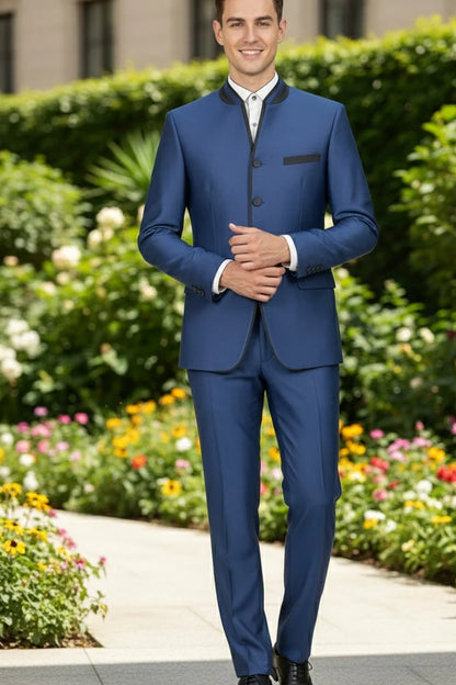 Mens Blue Sharkskin Mandarin Collar Tuxedo - 2 Piece Slim Fit Luxury Set