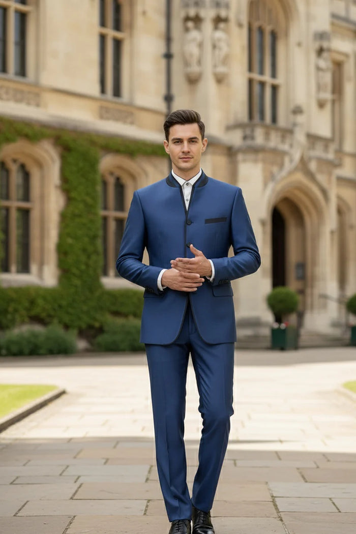 Mens Blue Sharkskin Mandarin Collar Tuxedo - 2 Piece Slim Fit Luxury Set